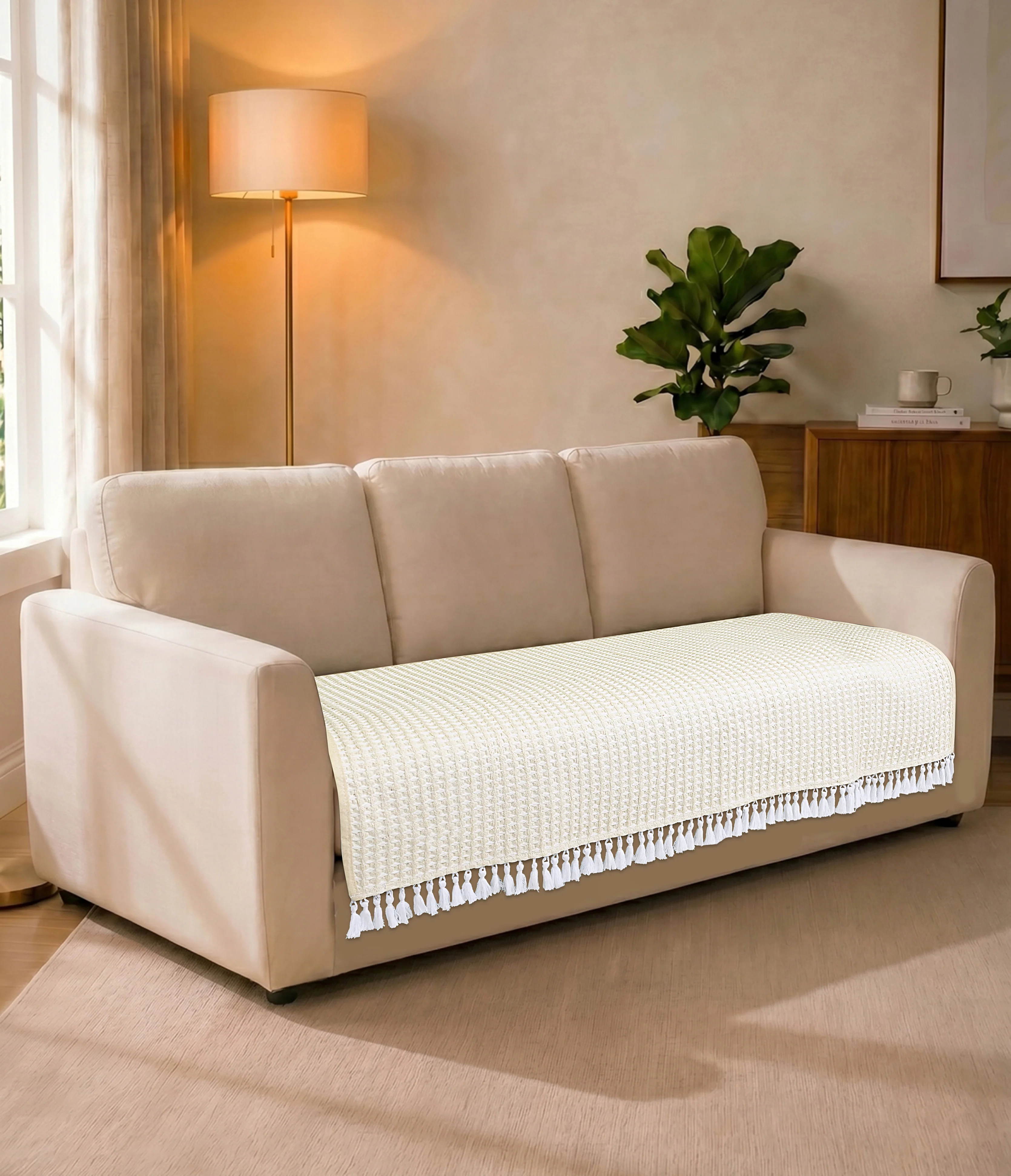 Comfy Sofa Seat Cover | Cotton & Polyester Sofa Cover with Elegant Fringe Design | Geometric Woven Sofa Cover for Sofa | Sofa Protector | Easy Wash & Durable Fabric - Image 2
