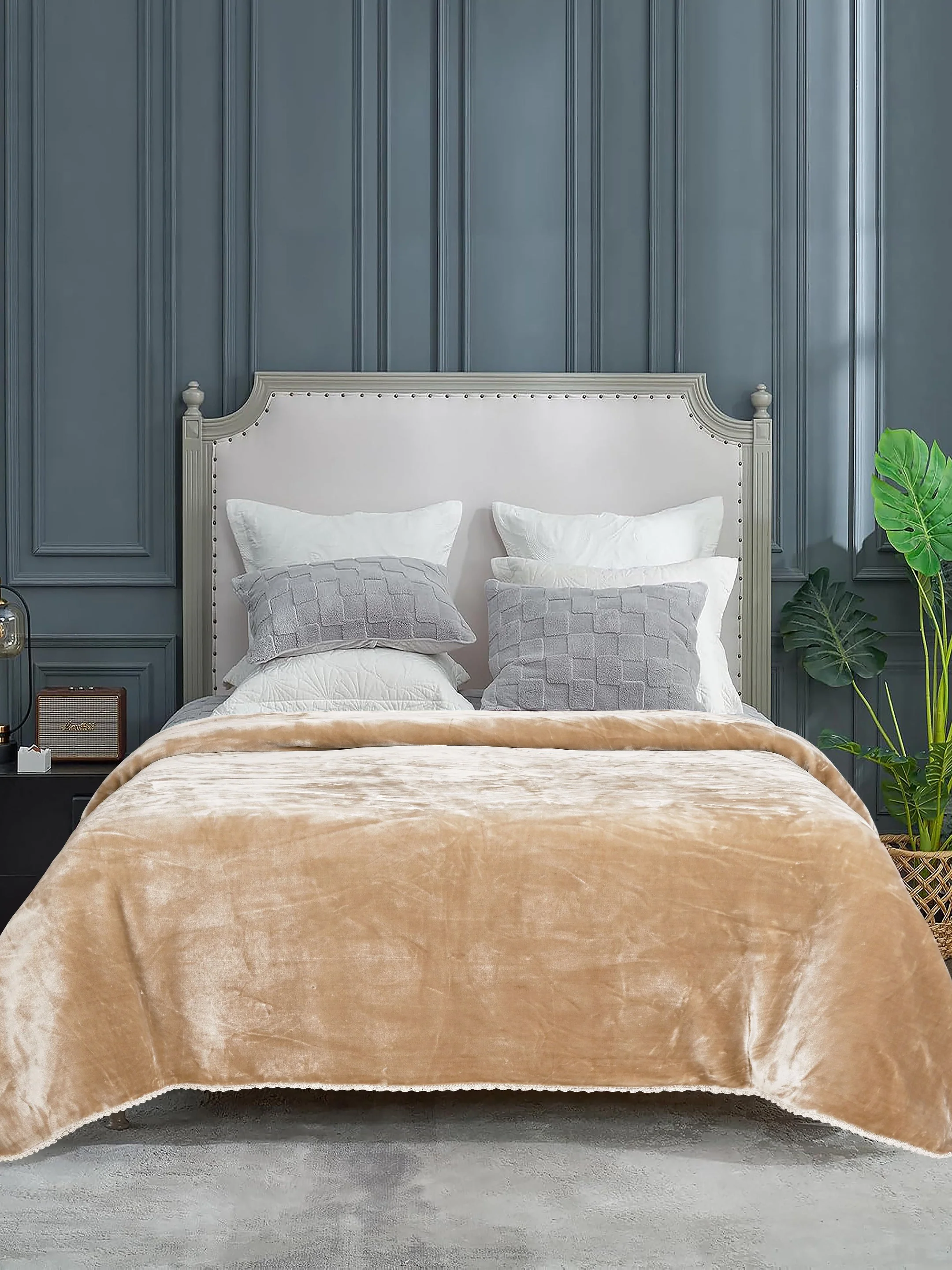 GIFT BOX | Beige Winter Mink & Cloudy Silky Soft | Double Sided Heavy 2 Layer Blanket 90″x90″ | with Crochet Lace Edges | For Gift & Daily Use - Image 2